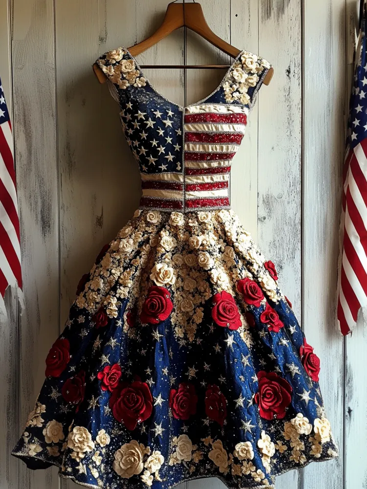 Vintage Independence Day Rose Art Tank Midi Dress