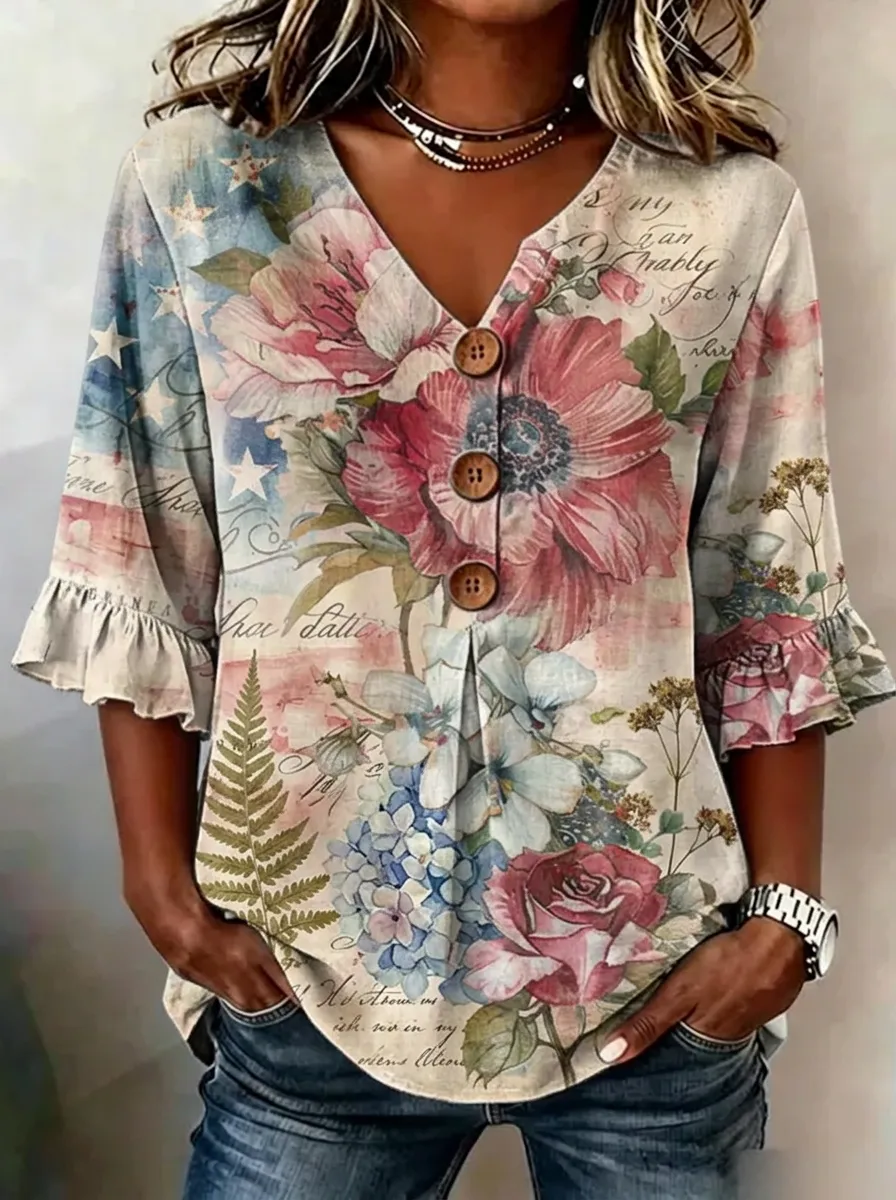 Women's Nashville Floral Flag Script Printed V-Neck Button Top