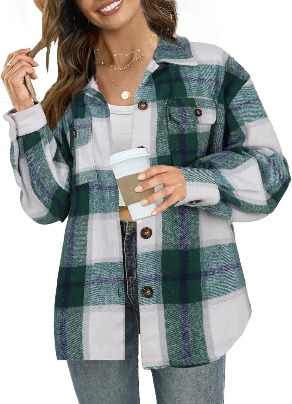 Women's Casual Plaid Flannel Shacket Jacket Oversized Button Down Long Sleeve Fall Shirts Jacket Lapel Coats Tops