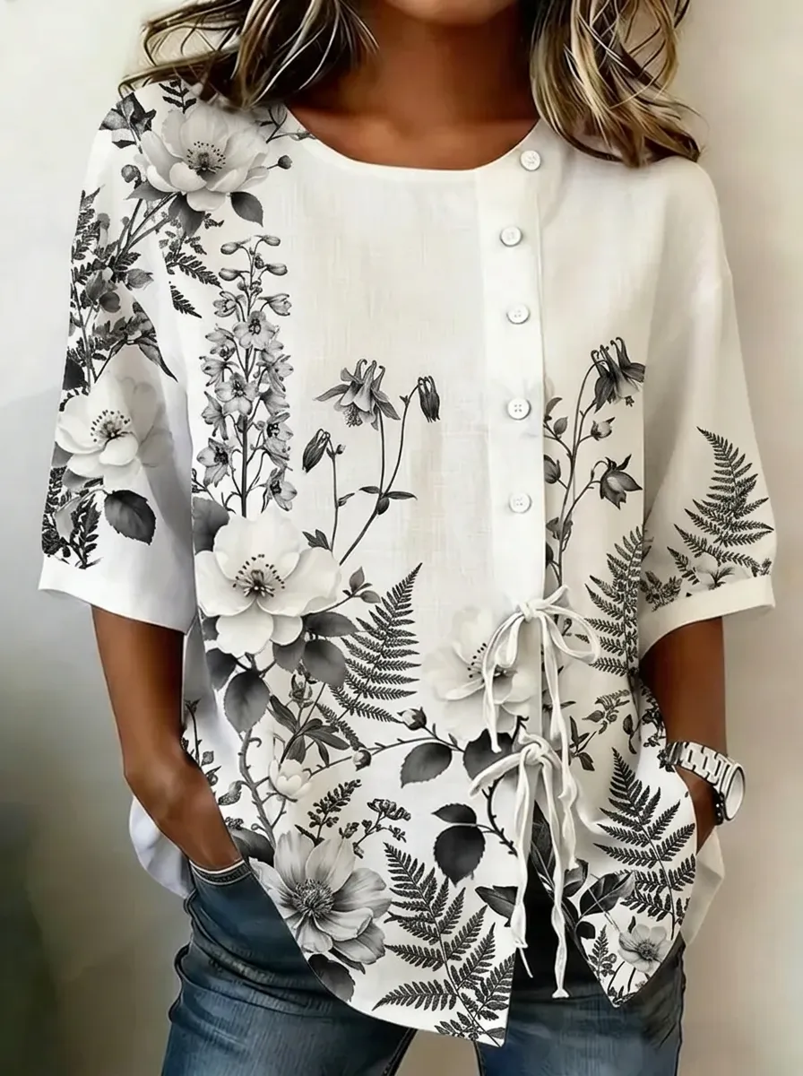 Women's Nashville Botanical Floral Fern Printed Button-Up Top