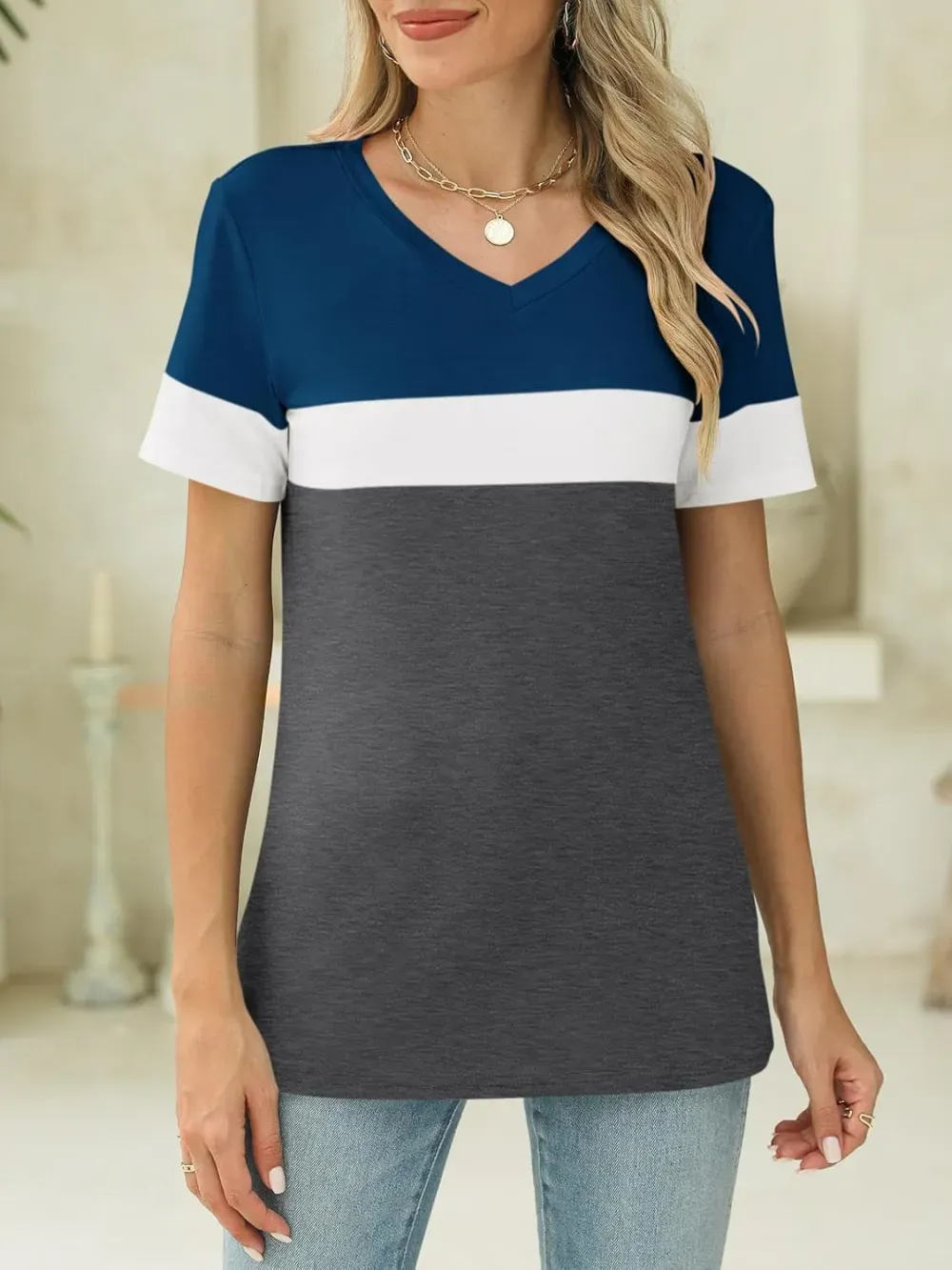 ORANDESIGNE Women's Color Block Short Sleeve T Shirts Casual V Neck Summer Tops Tees Loose Fit Blouses