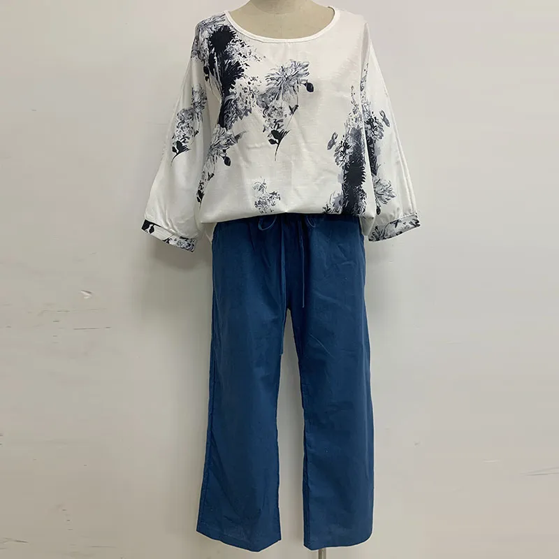 Women Cotton Linen Tank Shirt & Pants Relaxed Fit S-5XL Loose Solid Color Pants & Flora Short Shirt  Cotton Linen Two-piece Matching Set
