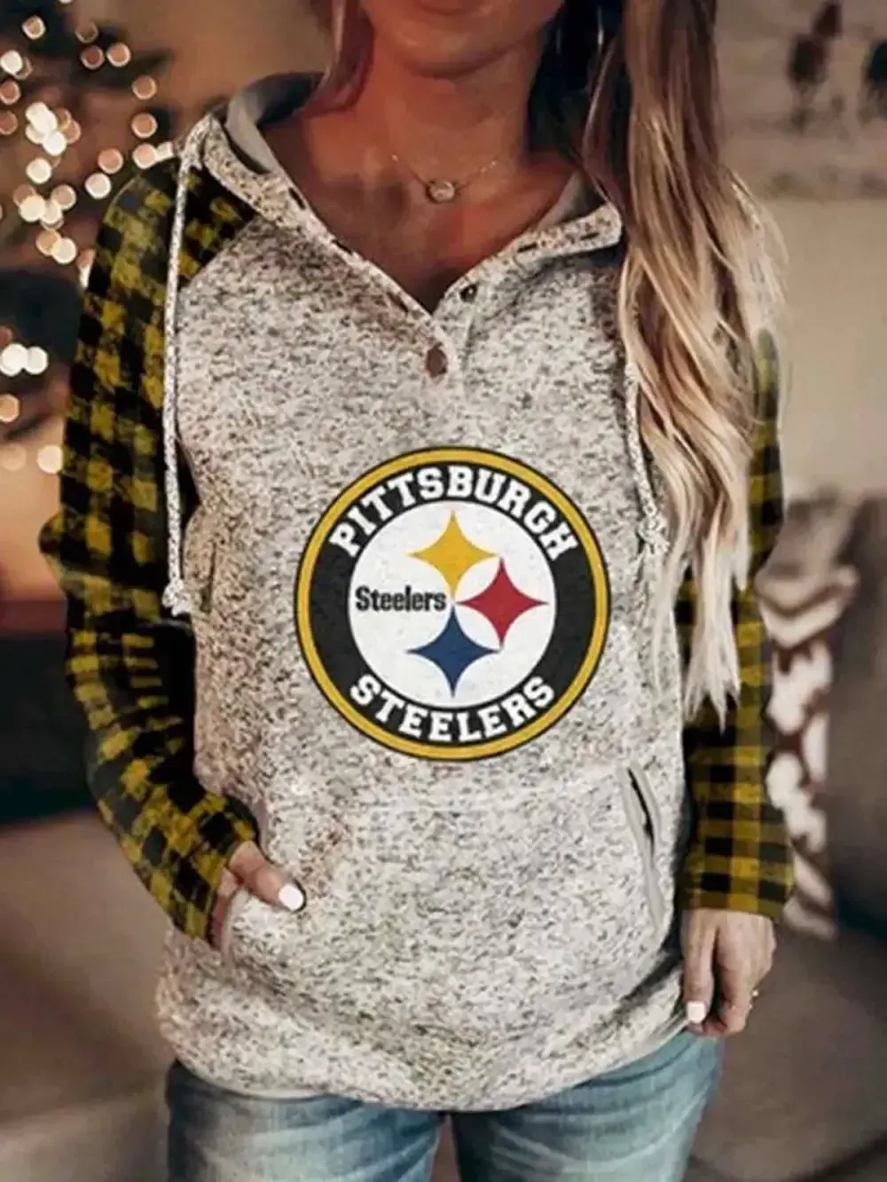 Women Long Sleeve Hooded Plaid Printed Sweatshirts Top