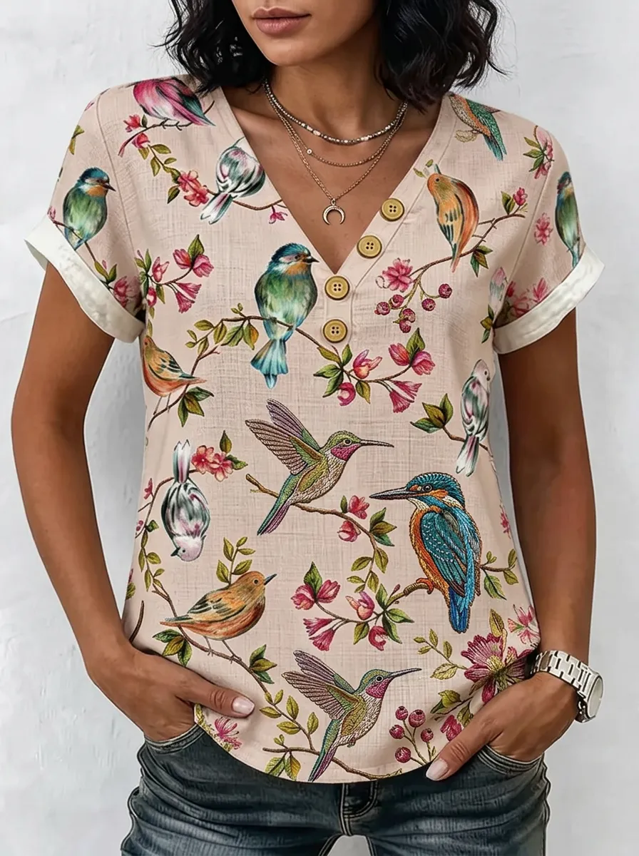Women's Nashville Bird Floral Printed V-Neck Button Top
