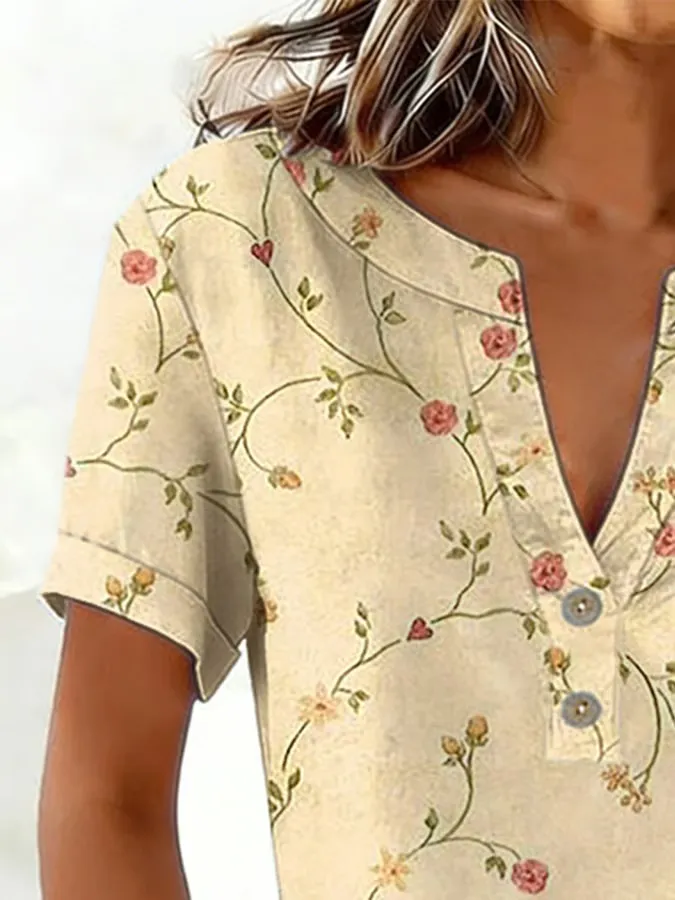 Women's Casual Retro Cotton And Linen Print Shirt