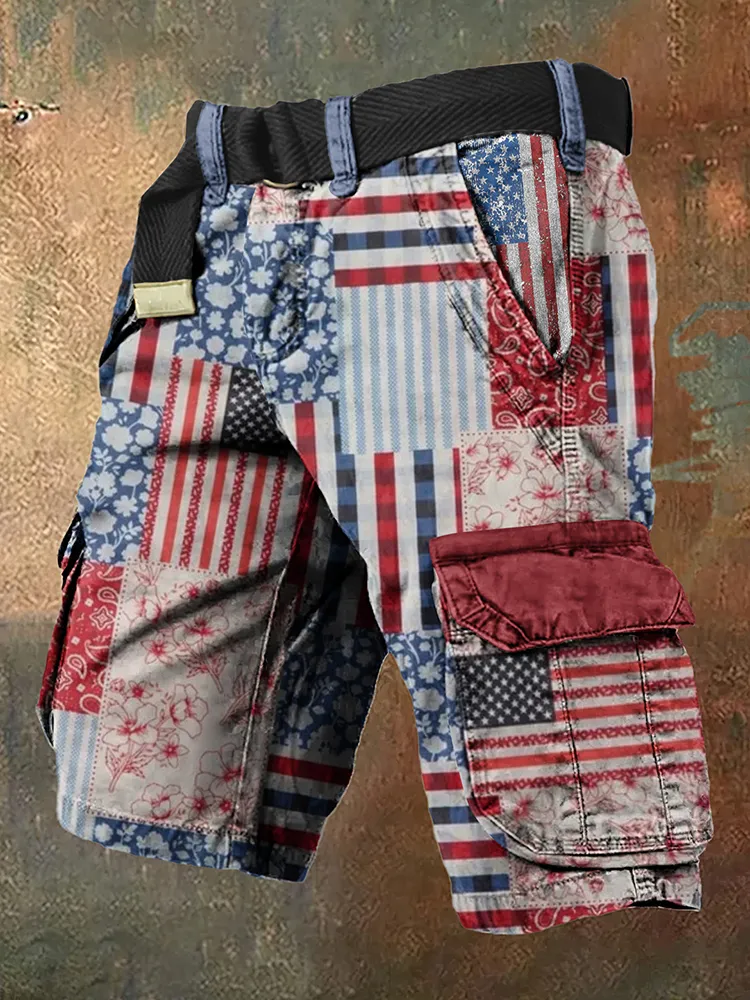 Men's Vintage Flag Independence Day Flag Patchwork Patch print Cargo Shorts