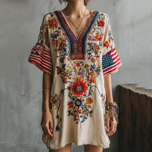 Women's Boho Independence Day Flag Floral Art V Neck Casual Midi Dress