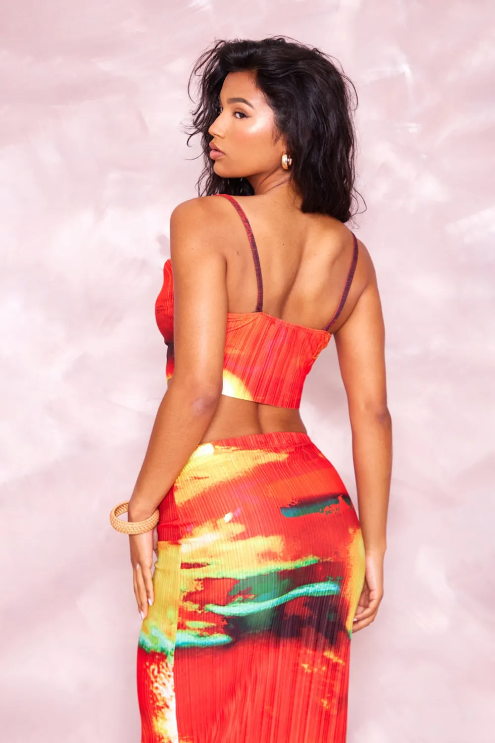 Red Abstract Print Plisse Strappy Turtleneck Top And Skirt Set