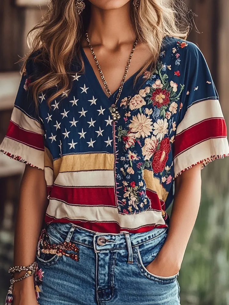 Women's Independence Day Flag Flower Art Linen T Shirt