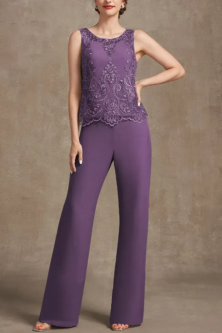 Plus Size Embroidery Chiffon Three Pieces Set Pant Suits