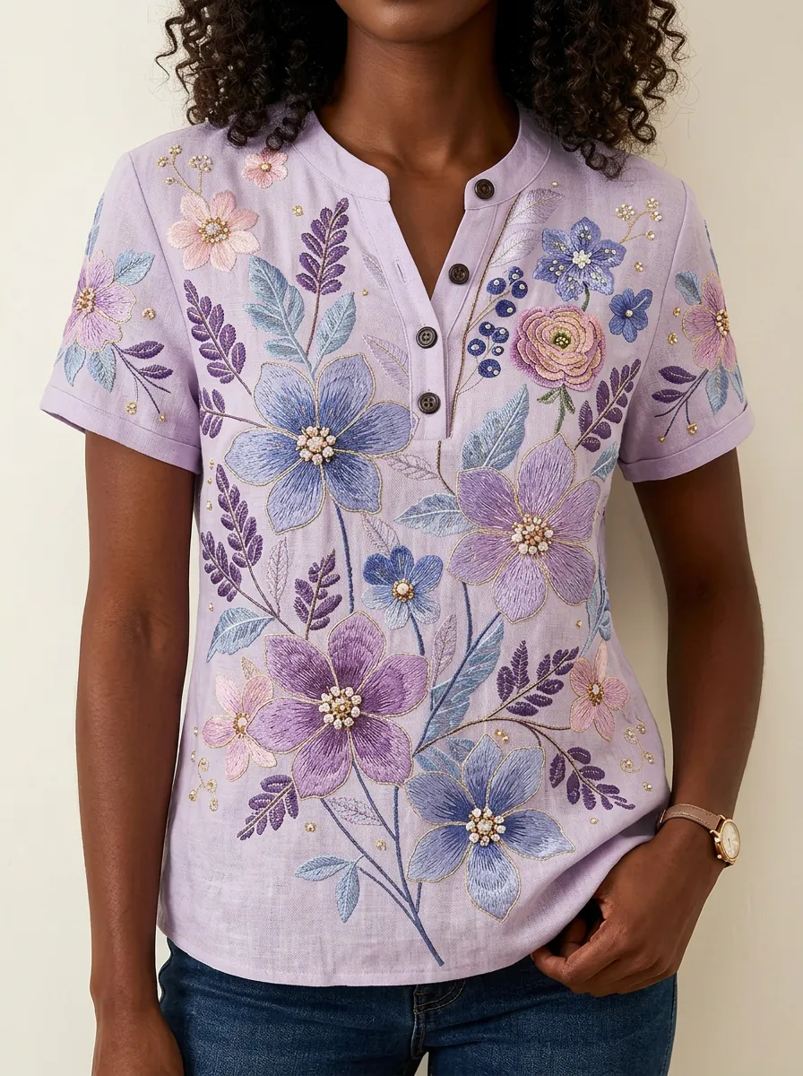 Women's Nashville Floral Embroidered Button-Up Linen Top