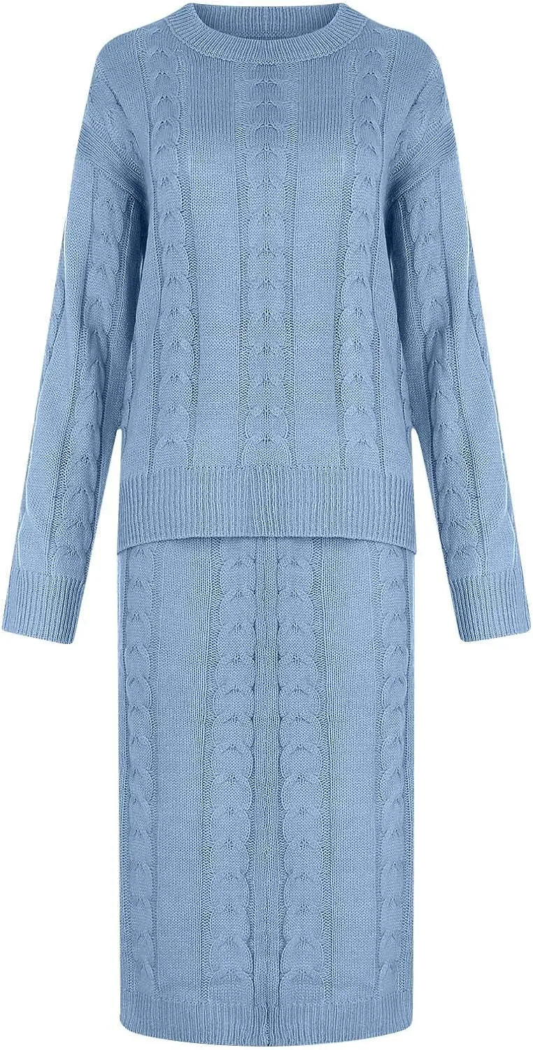 Women 2 Piece Outfits Knitted Sweater Tops and Long Skirt Turtleneck Long Sleeve Bodycon Dress Set Chunky Cable Knit