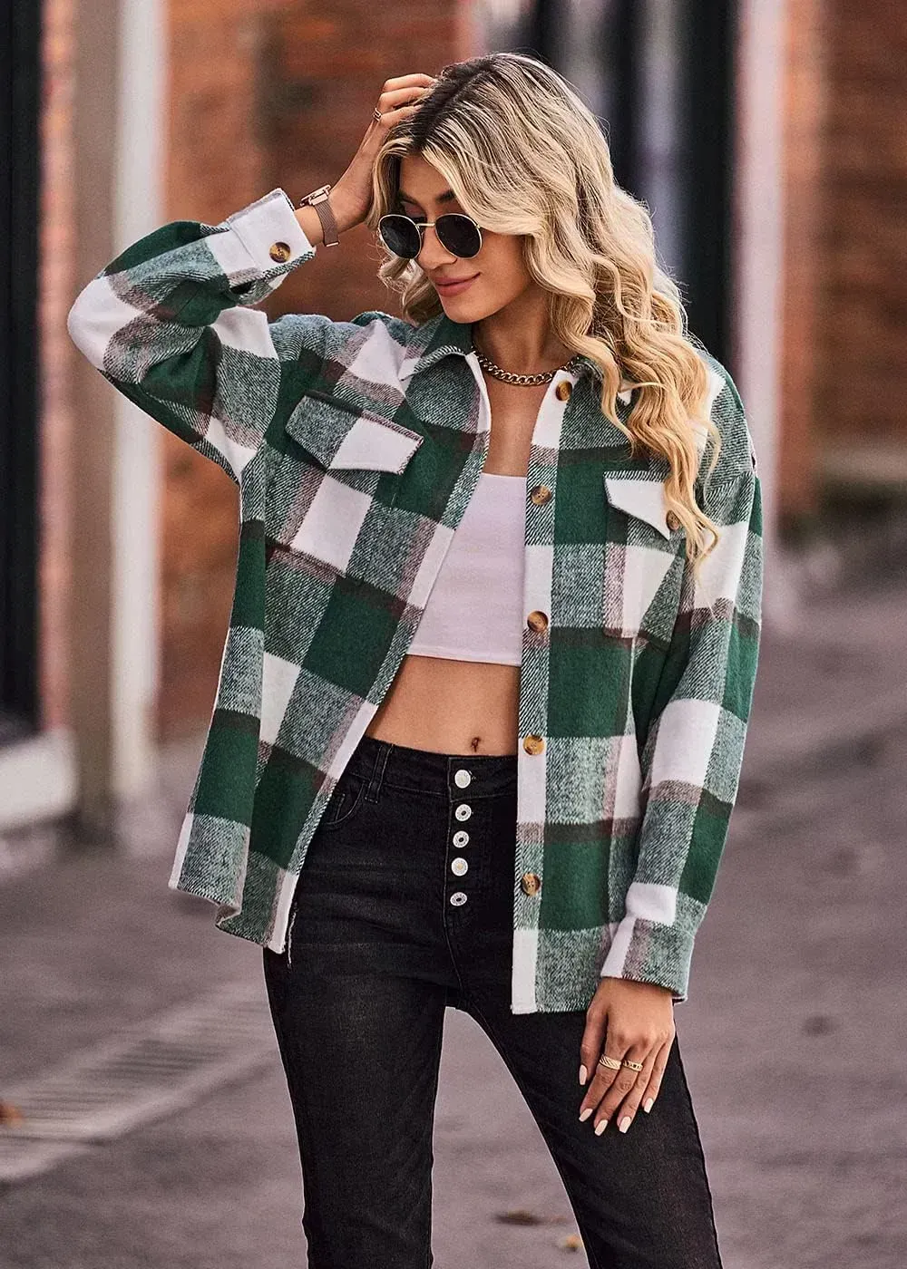 Women's 2023 Fall Clothes Plaid Shacket Jacket Long Sleeve Button Down Flannel Shirts Fashion Blouse