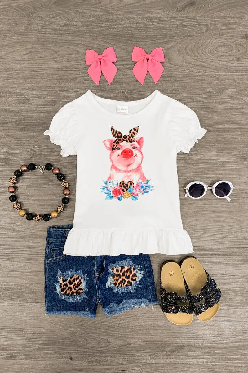 Pink Pig Leopard Denim Short Set