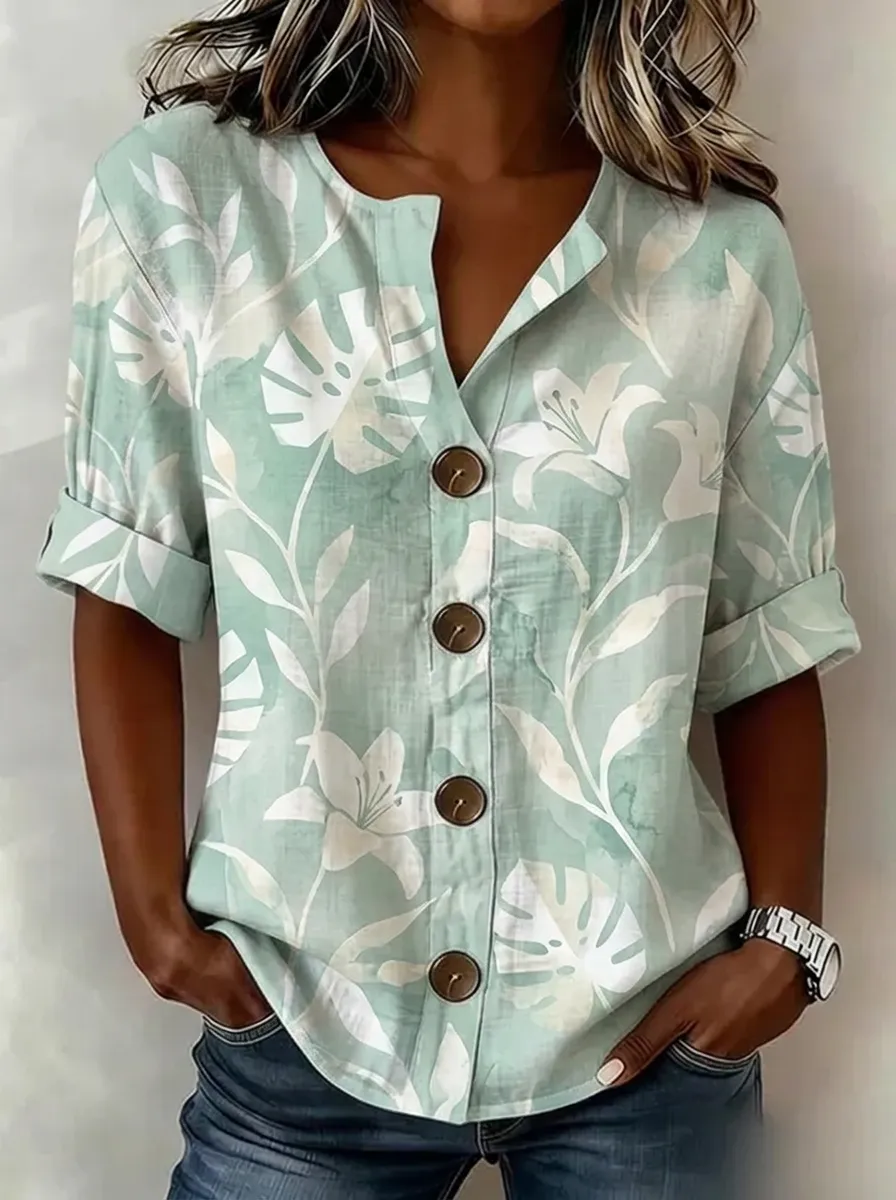 Women's Nashville Floral Leaf Printed Button Down Top