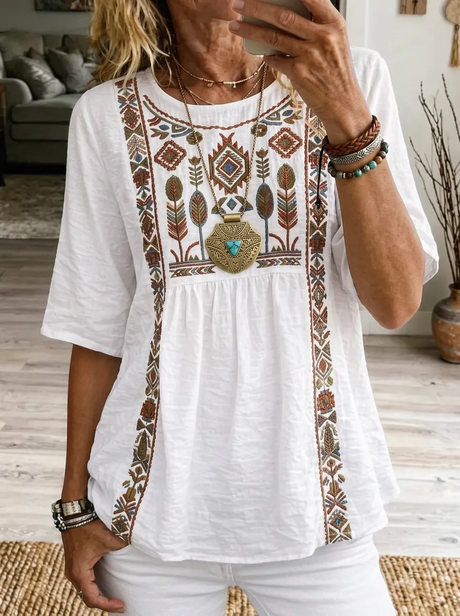 Women's Nashville Boho Geometric Embroidered Printed Tunic Top
