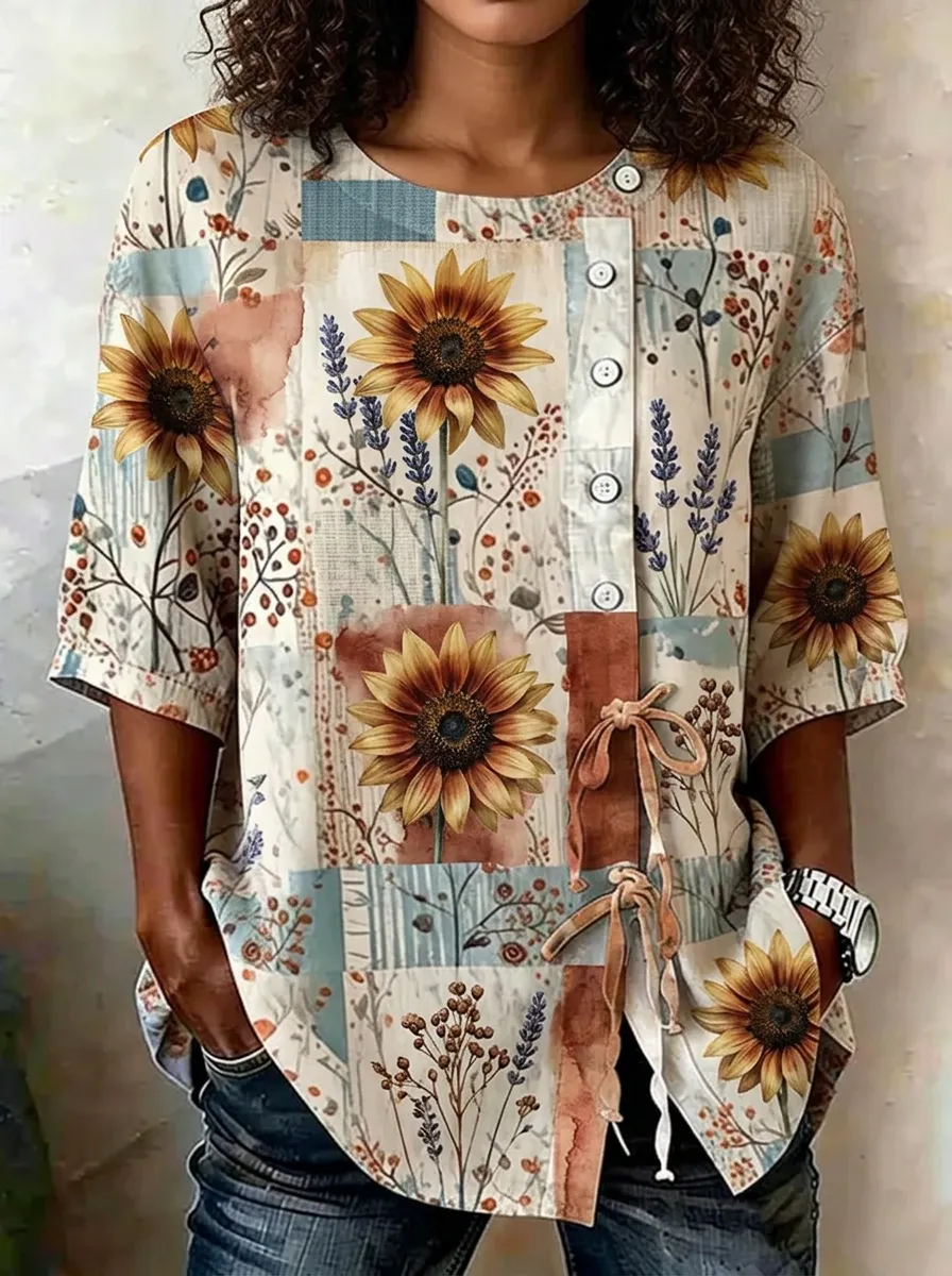 Women's Nashville Sunflower Floral Patchwork Printed Top