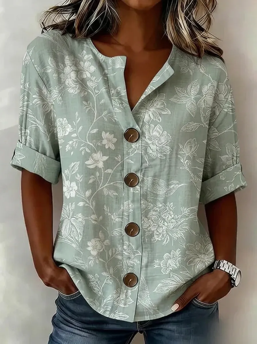 Women's Nashville Floral Botanical Printed Button-Down Shirt