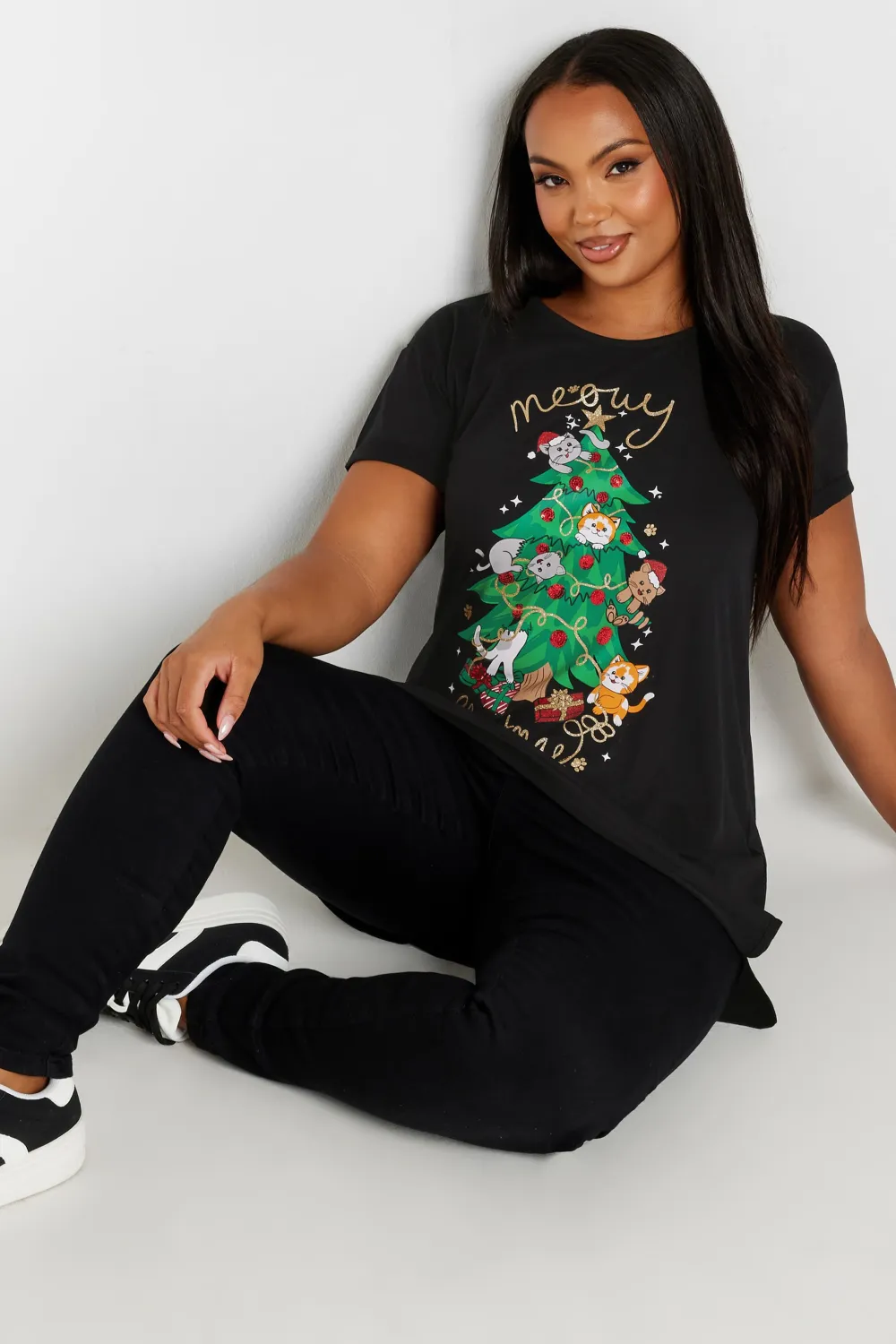 YOURS Curve Black 'Meowy Christmas' Slogan T-Shirt