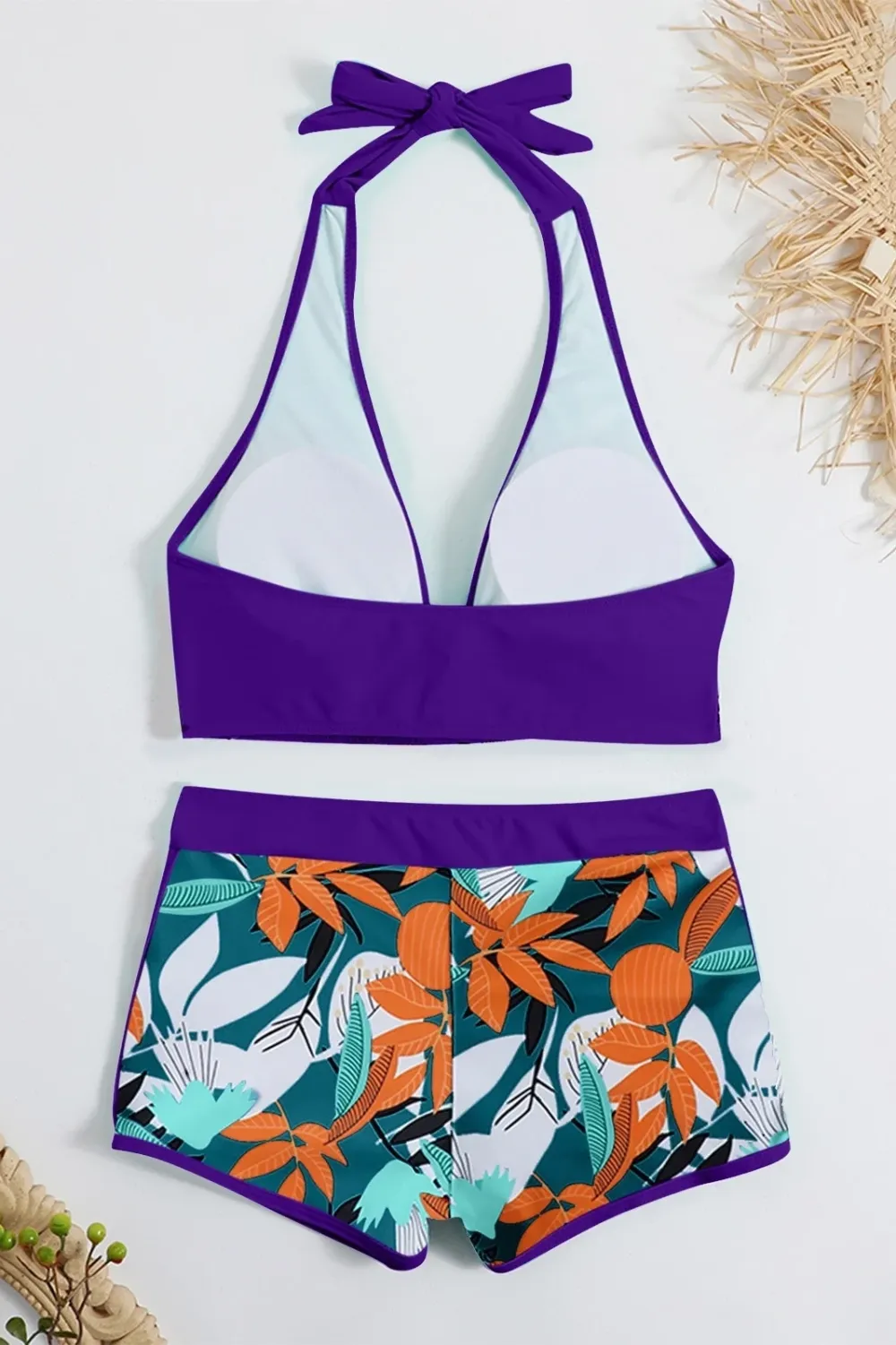 Sexy padded printed high-waisted patchwork swim trunks set