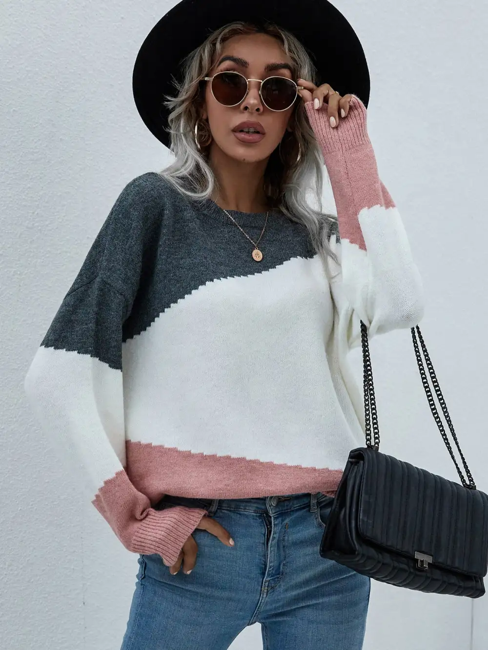 Color Block Dropped Shoulder Pullover Sweater