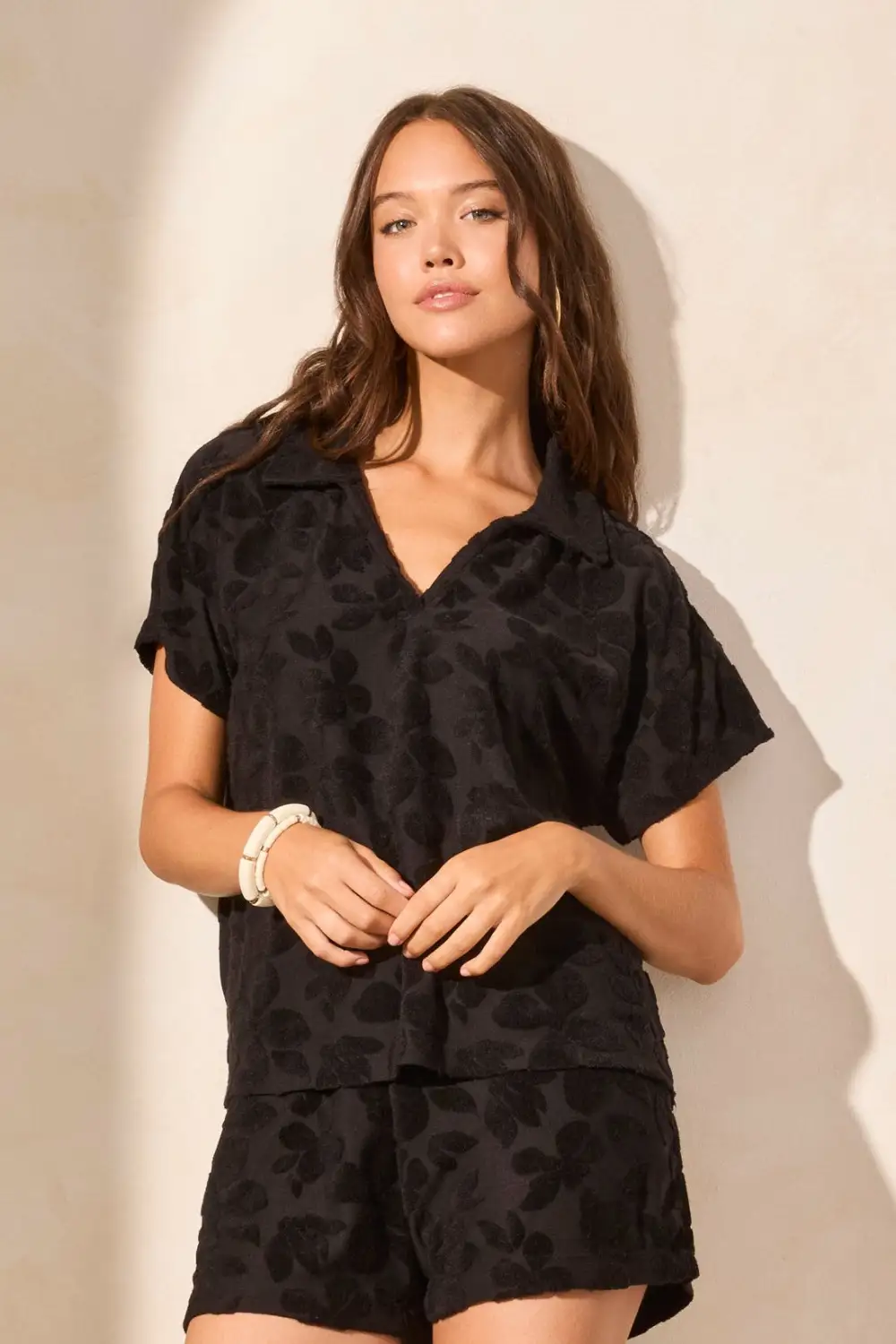 Textured Terry Cloth Short-Sleeve Polo Top-Black