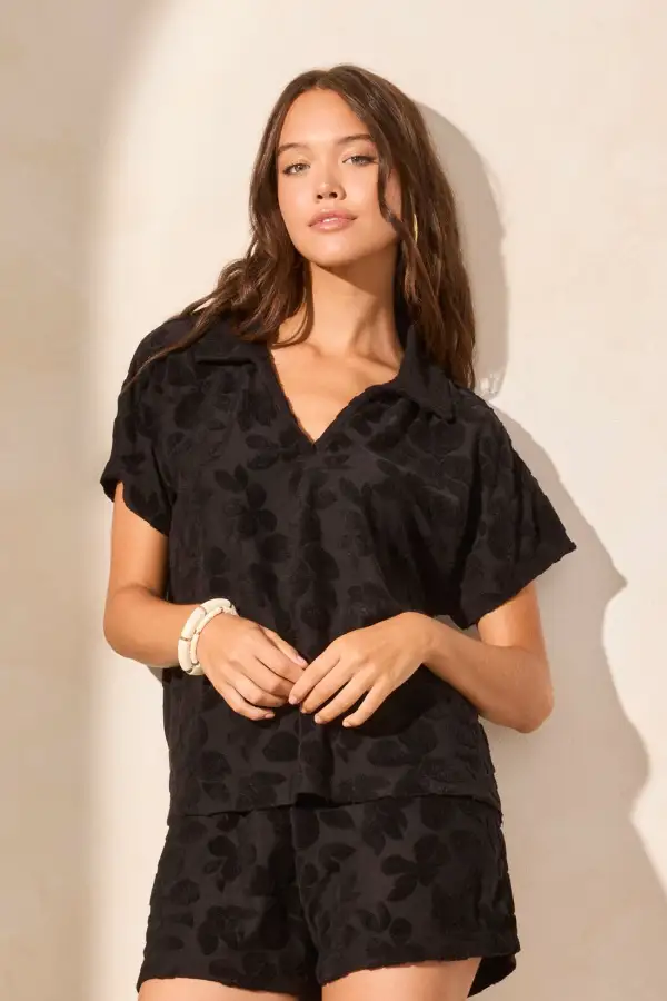 Textured Terry Cloth Short-Sleeve Polo Top-Black