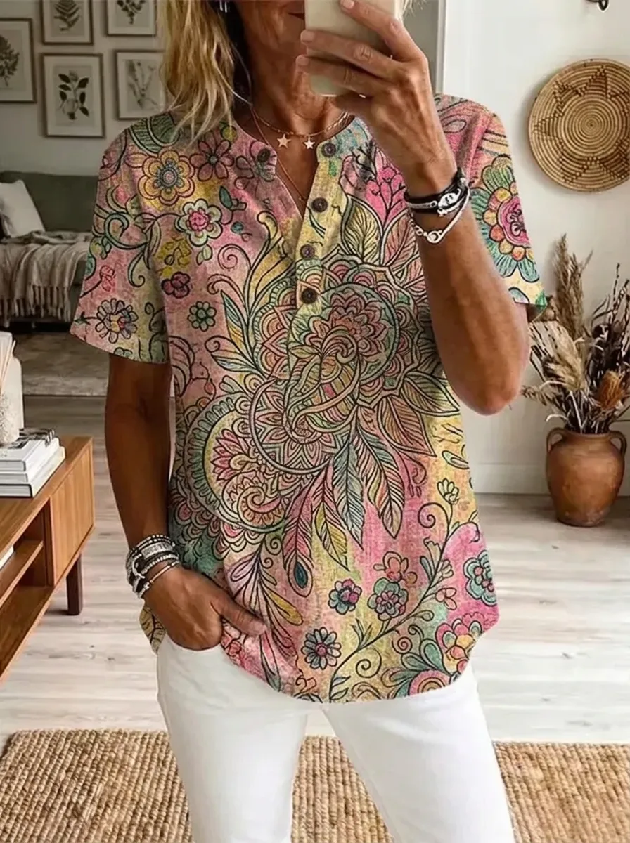 Women's Nashville Floral Paisley Printed Henley Shirt