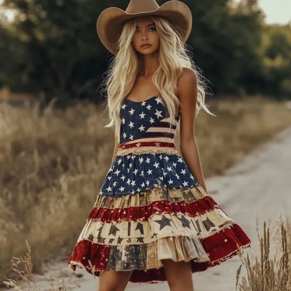 Women's Retro Independence Day Patchwork American Flag Art Casual Linen Midi Dress