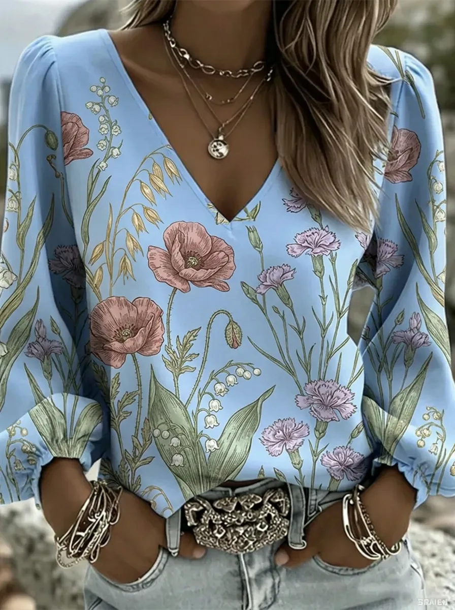 Women's Nashville Floral Poppy Lily Printed V-neck Top