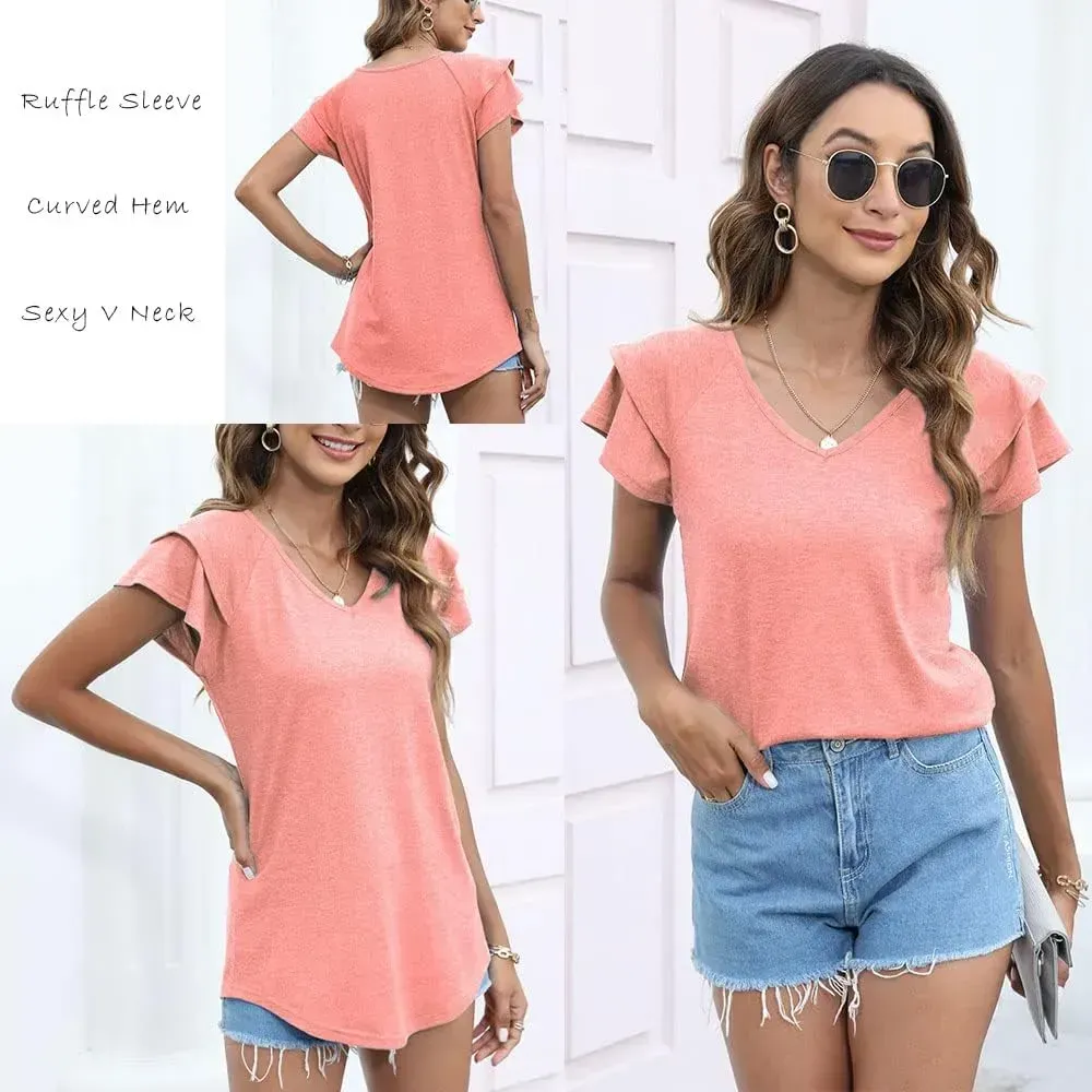 T&Twenties Womens Summer Tops Ruffle Short Sleeve Tunic Tops V Neck Loose Fit Flowy T-Shirts