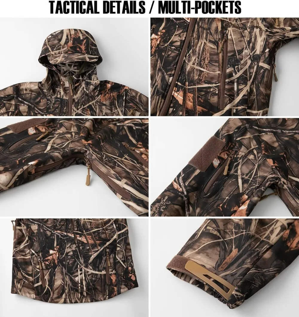 Men's Camo Quiet Hunting Jacket Waterproof Softshell Fleece Lined Camouflage Outdoor Hiking Fishing Coat