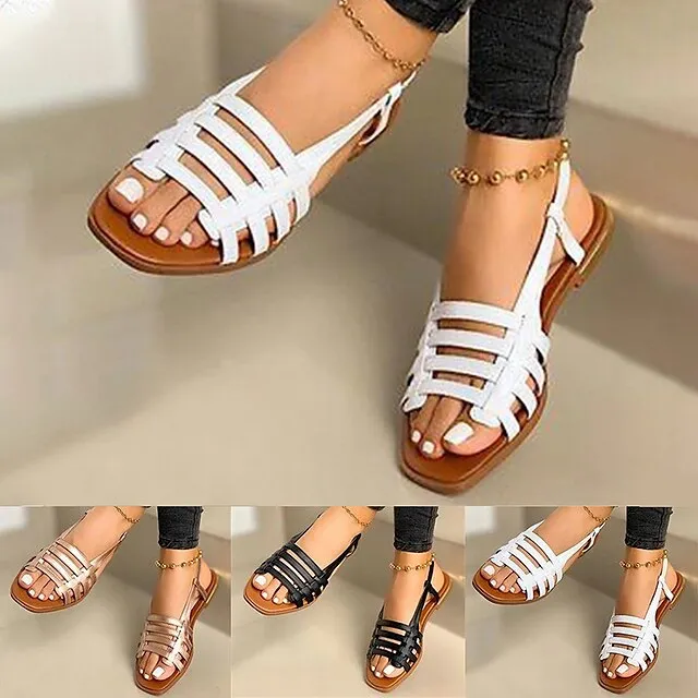 Women's Sandals Gladiator Sandals Roman Sandals Outdoor Daily Beach Summer Flat Heel Open Toe Casual PU Leather Loafer Solid Colored Black White Champagne