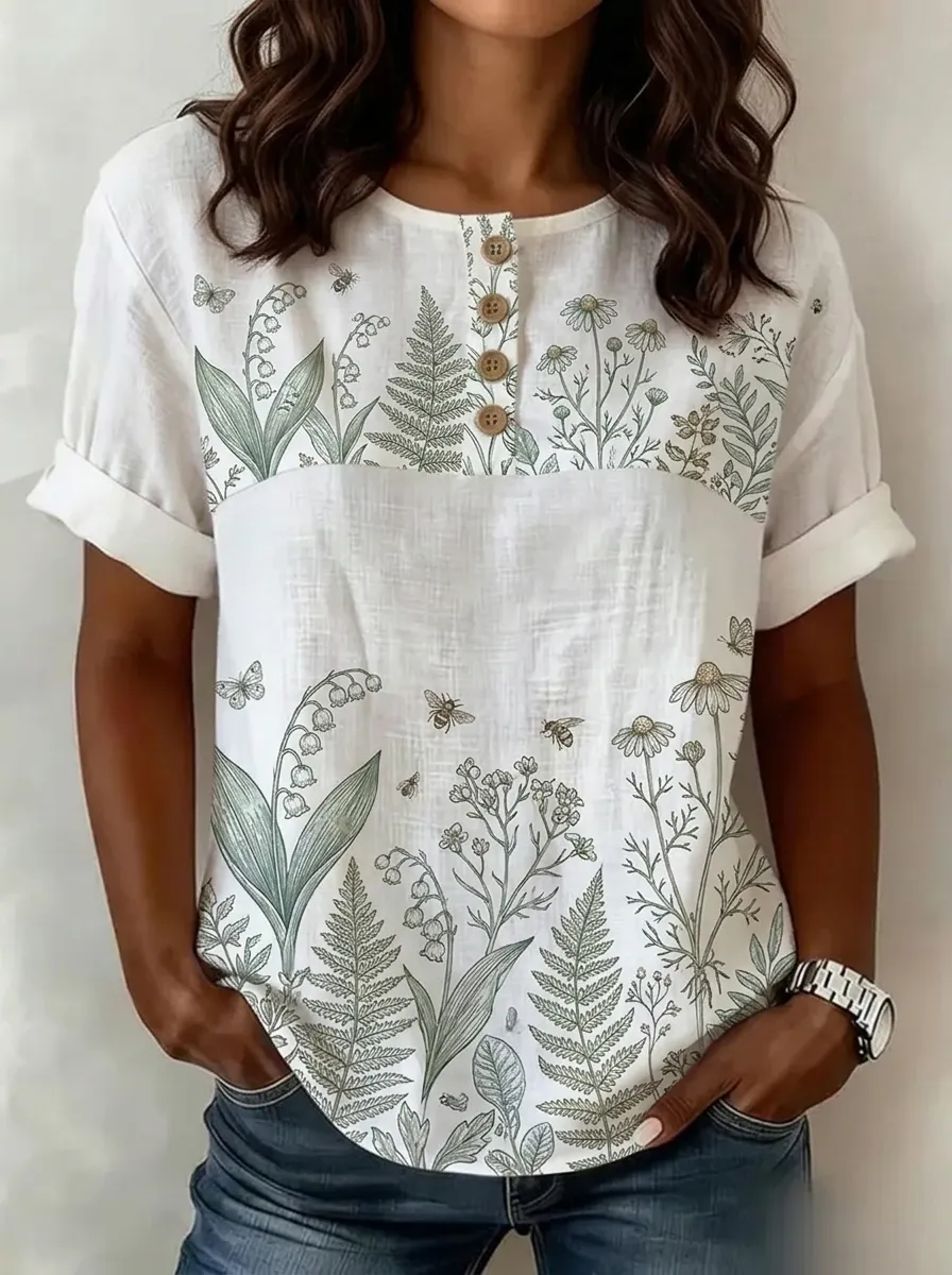 Women's Nashville Botanical Bee Lily Printed Button-up Top