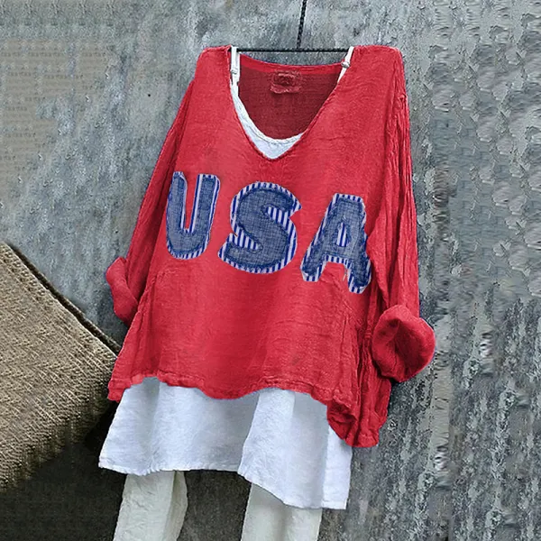 Women's Usa Stripe Applique Art Linen V-neck Shirt