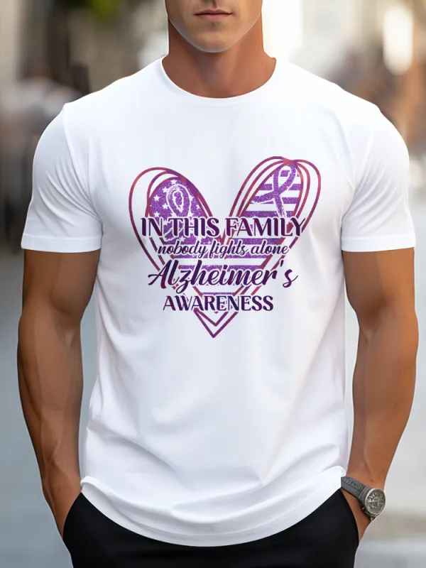 Men'S Round-Neck Short-Sleeved T-Shirt In This Family Nobody Fights Alone Alzheimer'S Awareness Prints