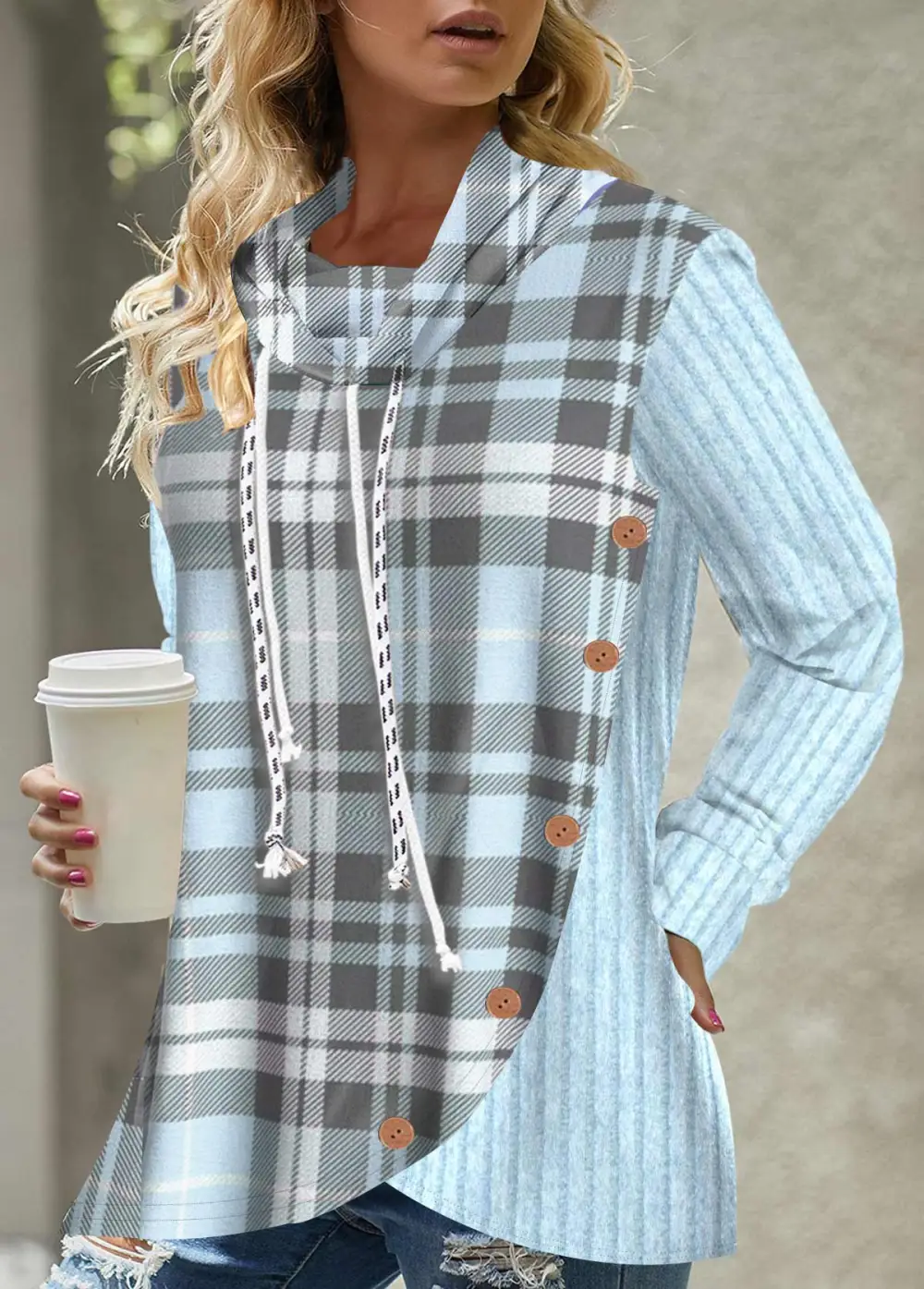 Button Tartan Print Pink Drawstring Sweatshirt