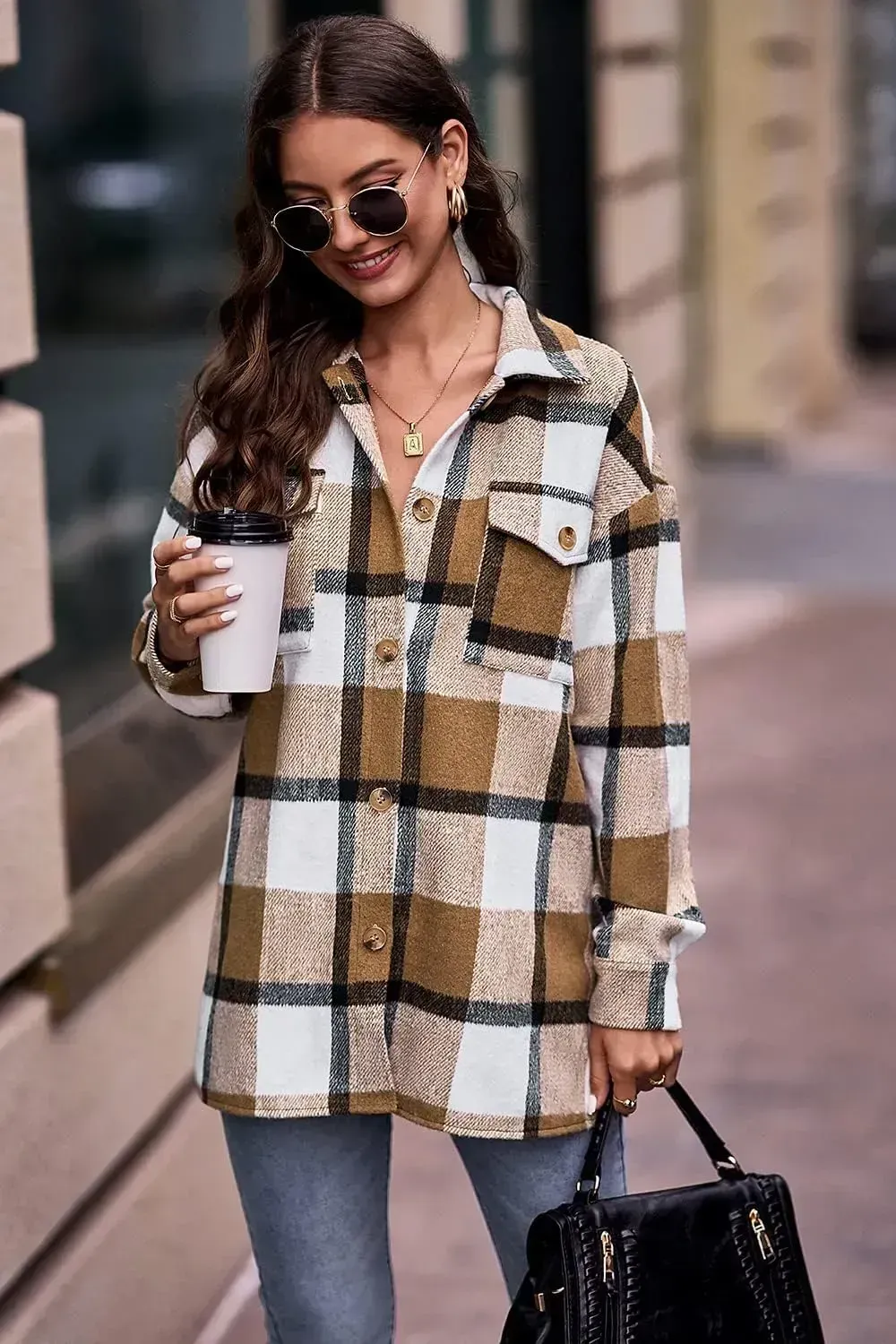 Women's 2023 Fall Clothes Plaid Shacket Jacket Long Sleeve Button Down Flannel Shirts Fashion Blouse