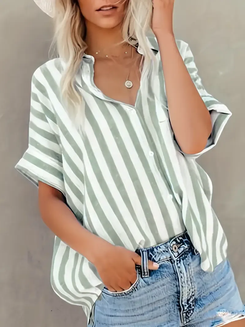 Button Up Striped Shirt, Loose Casual Top For Spring & Summer, Women's Clothing