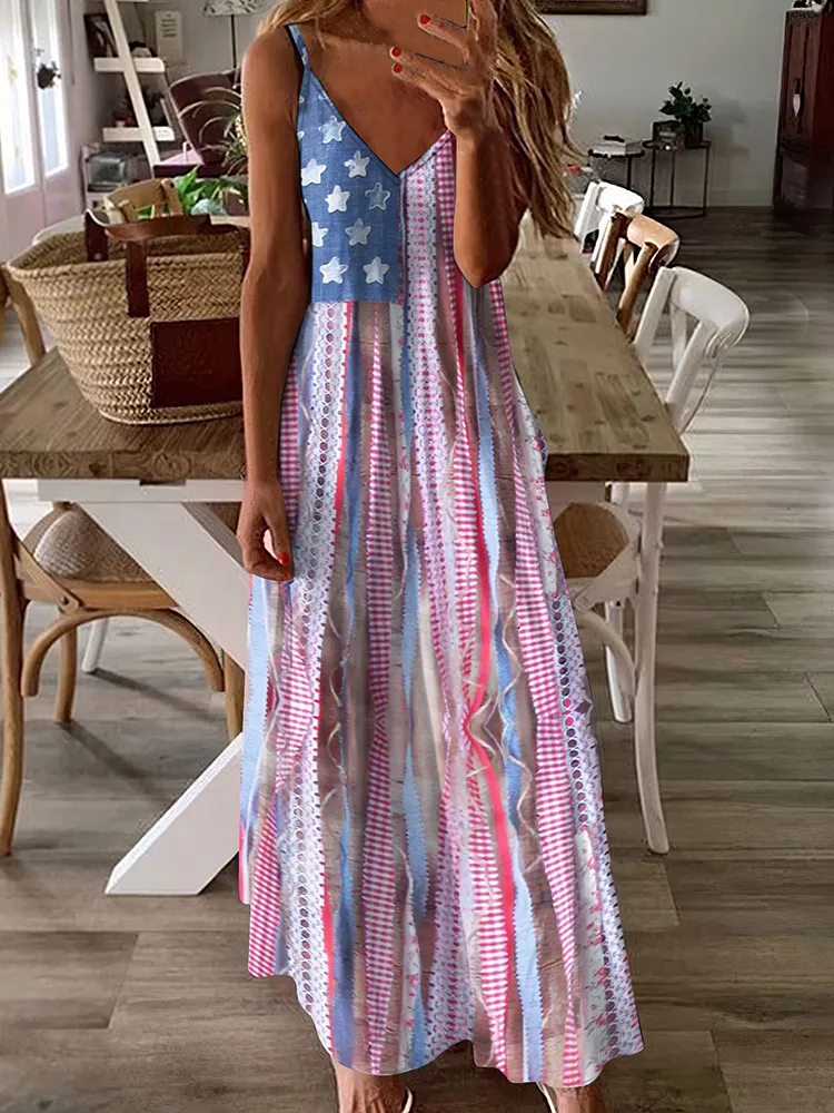 Independence Day Flag Western Tassel Print Slip Maxi Dress