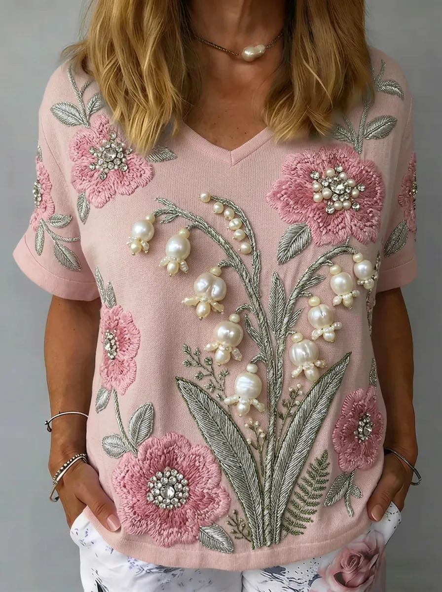 Women's Nashville Floral Pearl Rhinestone Embellished Printed T-shirt