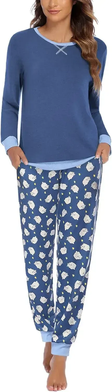 Women's Pajamas Sets Long Sleeve with Plaid Pants Soft Sleepwear O Neck 2 Piece Pjs Joggers Loung Set with Pockets