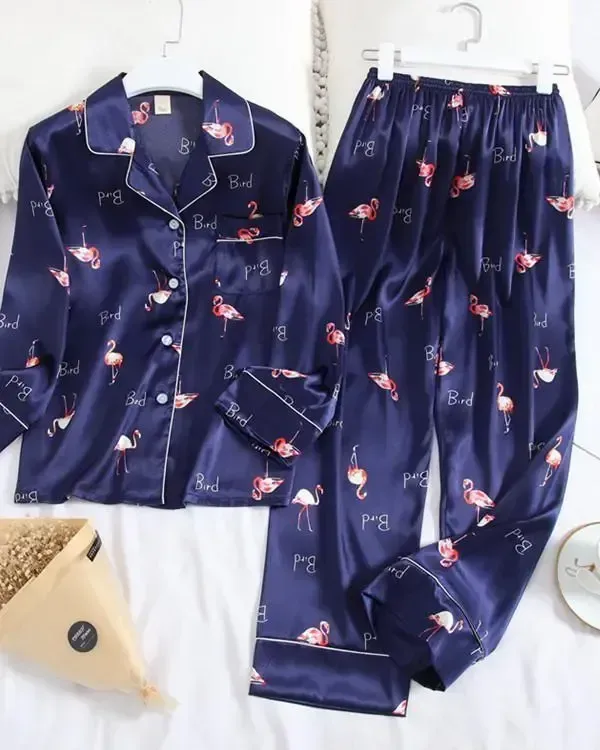 Long Sleeve Pajamas Ice Silk Printing Fashion Sleepwear Set