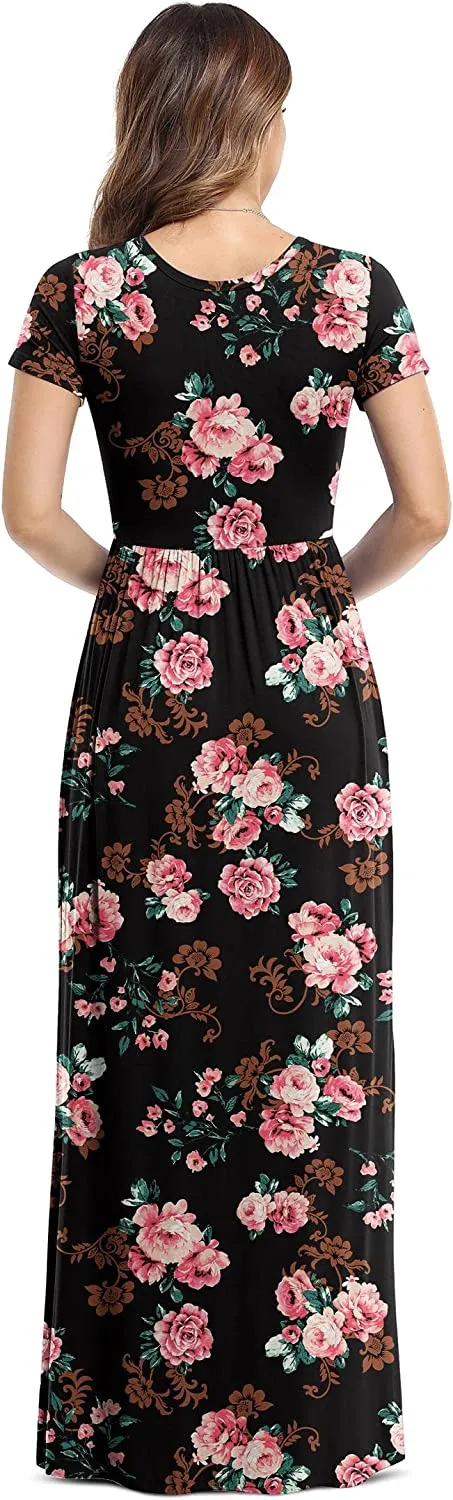 Women's Short Sleeve Loose Plain Maxi Dresses Casual Long Dresses with Pockets