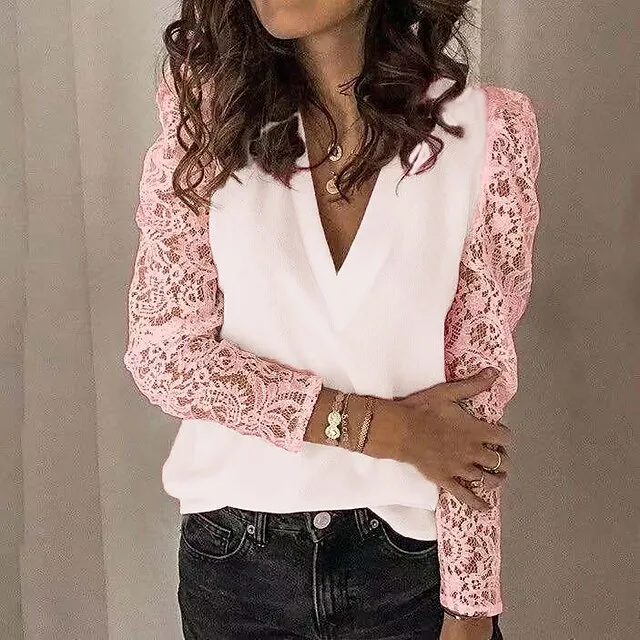 Blouse Women's Black White Pink Solid / Plain Color Lace Patchwork Street Going out Daily Elegant & Luxurious V Neck S