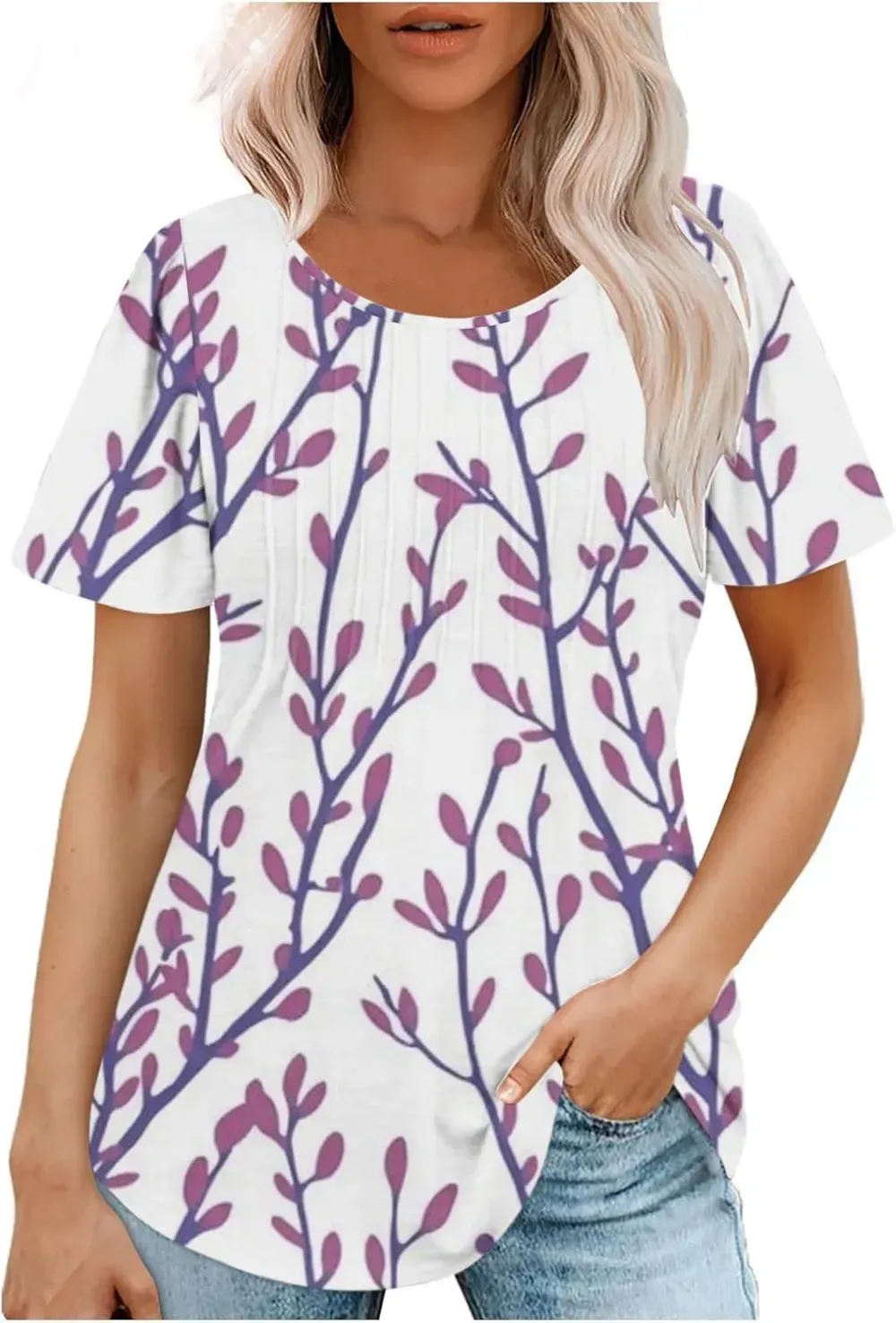 Womens Summer Pleated Front Shirts Tunics Casual Short Sleeved Loose Round Neck Boho Printed Tops Vacation Blouse