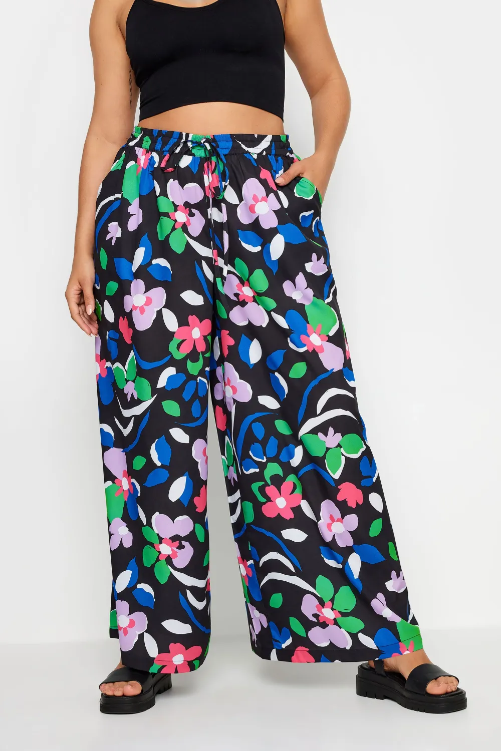 Yours Curve Black Leaf Print Drawstring Wide Leg Trousers
