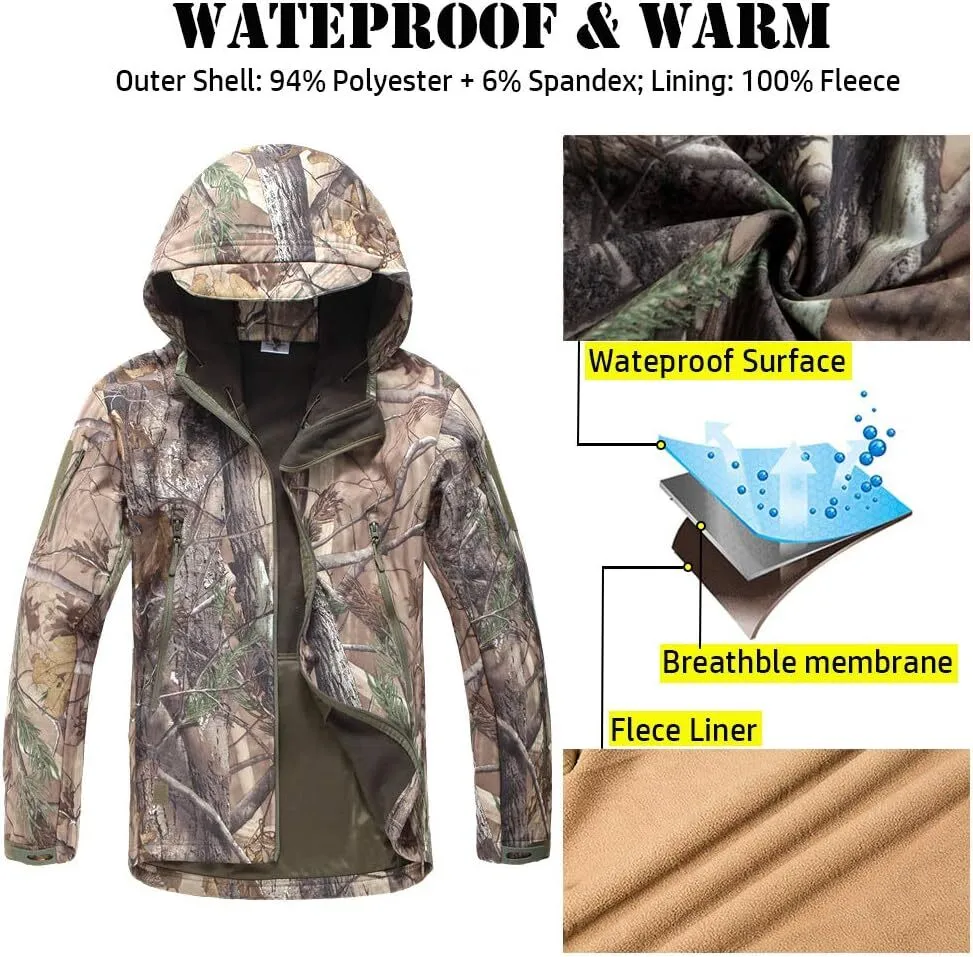 Men's Soft Shell Military Tactical Jacket Outdoor Camouflage Hunting Fleece Hooded Coat