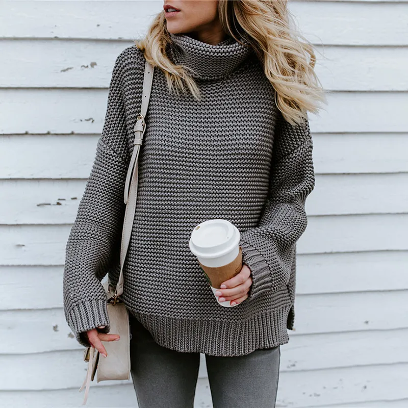 Solid Color High Neck Pullover Knitted Sweater