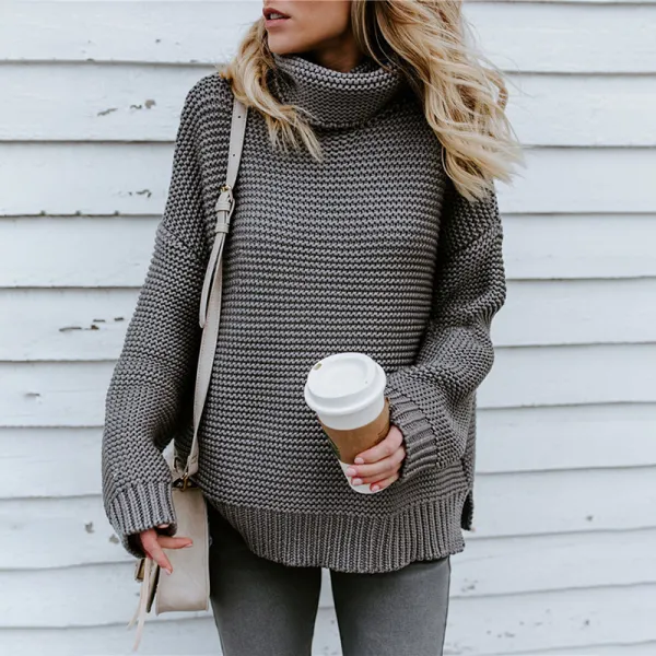 Solid Color High Neck Pullover Knitted Sweater